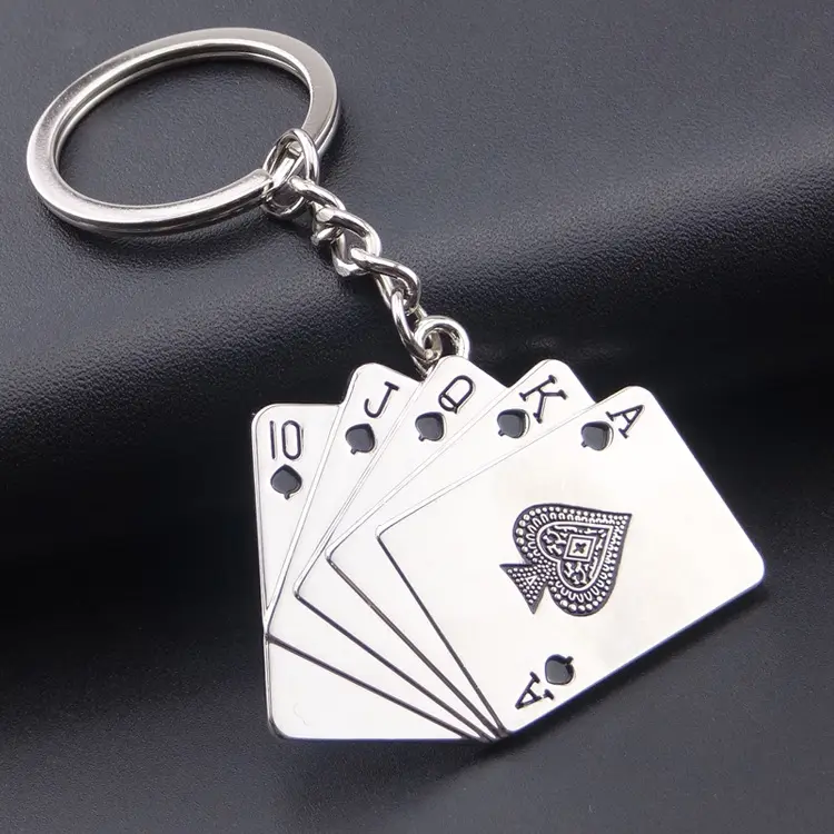 Jimat gantungan kunci tas pesona beruntung gantungan kunci baja nirkarat perhiasan Texas flush Holde Poker bermain kartu logam beruntung gantungan kunci