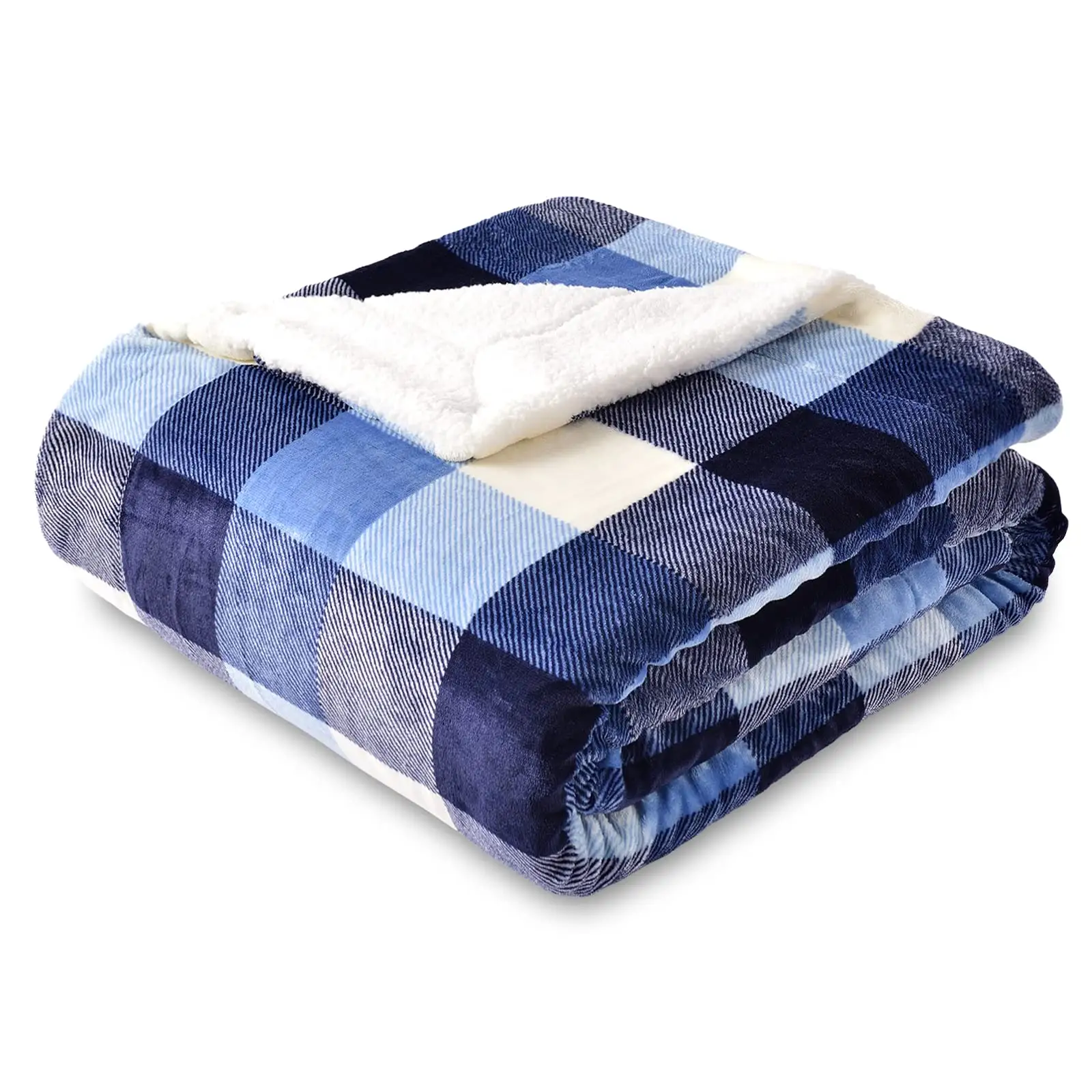Checkered Super Soft Bedding Blanket Blue White Double Sided Plaid Sherpa Fleece Throw Blanket