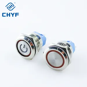 25mm big flat head latching selflocking push button with ring LED and power symbol
