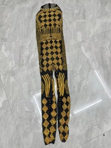 Tuta Sexy Trasparente in Rete Nera con Brillanti Strass Dorati per Danza dello Xinjiang, Abbigliamento da Festa per Cantanti e Ballerine - Product Image 4
