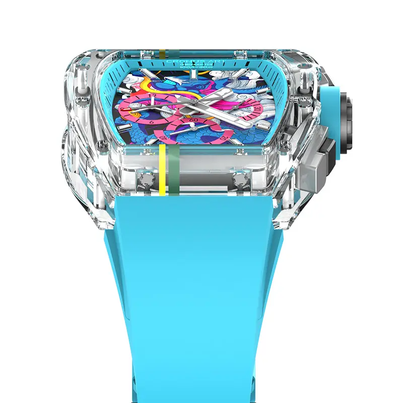 Jam tangan mekanis safir pria, arloji kerangka otomatis mekanik kristal safir