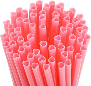 100pcs Heart Shaped Pink Straws Disposable Drinking Cute Plastic Straws Valentines day Birthday Party Wedding Supplies