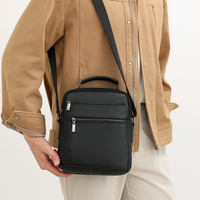 Bolso Bandolera de Cuero Genuino para Hombre, con Asa Vertical, Forro de Poliéster, Múltiples Bolsillos con Cremallera, para Uso Diario y de Negocios