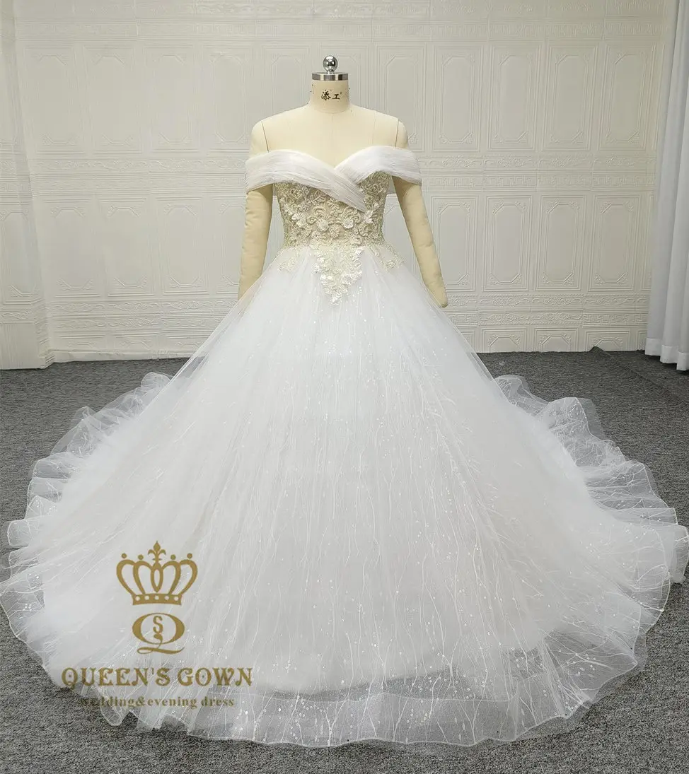 QUEENS elbisesi lüks gelin kıyafeti off-omuz A-line kristal düğün elbisesi parlak 3D çiçek dantel up muhteşem balo