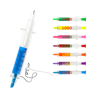 Promotional Novelty 2-1 Syringe Highlighter Ballpoint <b>Pen</b> with Multi-color Plastic Customized Personal Logo Print for Kids Gifts - Product Image 1