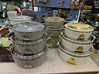 Ensemble de 3 chauffe-plats thermiques haut de gamme 1,5L 2,5L 4L, cocotte isotherme avec couvercle doré orné et poignée feuille unique, idéal pour les événements