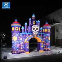 Arche d'entrée gonflable en forme de château violet avec crâne, utilisée pour la décoration d'événements d'Halloween