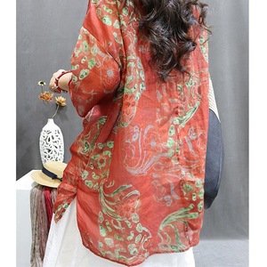 Retro Print Mid Sleeve V Neck Cotton Linen Loose Dress Breathable Daily Wear Women Casual Style - Product Image 4