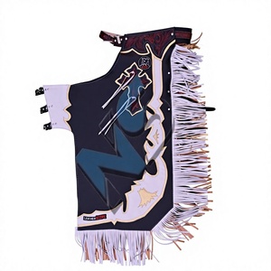 Nabtay Sports Genuine <b>Leather</b> Rodeo Western Bull Riding Chaps Flame Pattern Cross Inlay Hand <b>Tooled</b> Belt White Gold Fringe Men - Product Image 1