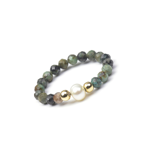 Cliobeads Single Freshwater Pearl and 3mm Faceted Chrysocolla <strong>Aquamarine</strong> Moonstone Azurite Stretchable Natural <strong>Stone</strong> <strong>Ring</strong> - Product Image 3