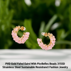 PVD Gold Plated Hoop <b>Earrings</b> With Pink <b>Crystal</b> Beads 316L Stainless Steel Sustainable Resistant Fashion Jewelry - Product Image 3