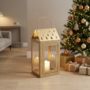 2026 Latest <b>Christmas</b> Collection <b>Gold</b> Metal Candle Lantern with <b>Tree</b> Cutouts for Home Decoration - Product Image 1