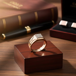 Gentleman's Rose Gold Lab Grown Diamond <b>Ring</b> with <b>Man</b>-Made Diamonds Elegant Gold Diamond <b>Ring</b> - Product Image 3