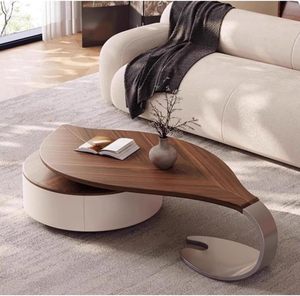 <span class=keywords><strong>Table</strong></span> <span class=keywords><strong>basse</strong></span> ovale moderne avec tiroirs de rangement, design <span class=keywords><strong>en</strong></span> forme de feuille, plateau <span class=keywords><strong>en</strong></span> bois, pieds <span class=keywords><strong>en</strong></span> acier inoxydable pour salon et appartement - Product Image 1