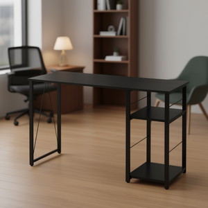 Escritorio de Oficina Rectangular Negro de 2 Niveles con Superficie de Madera y Metal, Diseño Moderno y Minimalista, Escritorio Independiente - Product Image 2