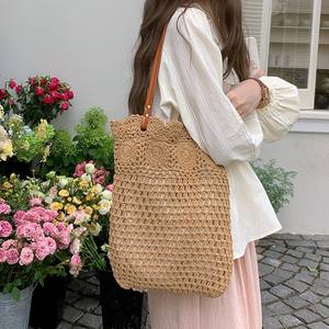 Bolso Tote de Punto de Algodón Color Caqui Off-White, Bolso de Playa de Verano con Malla Hueca Suave, para Uso Diario, con Cierre Magnético - Product Image 4