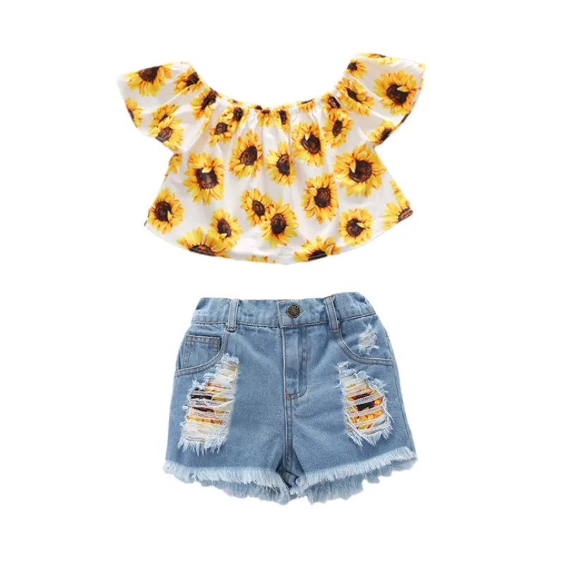 Toddler Kids Girls Summer Outfits Off Shoulder T-shirt Ripped Denim Shorts Sets