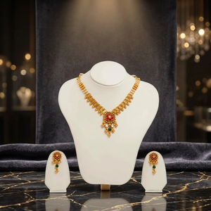 Conjunto de collar tradicional de oro kundan con cadena de perlas, colgante de piedra rosa y aretes a juego, joyería nupcial india. - Product Image 5