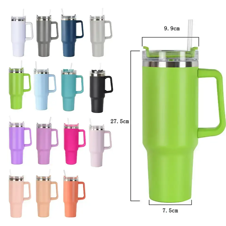 Gran oferta, vaso aislado al vacío de acero inoxidable de doble pared con recubrimiento en polvo de 40 Oz Adventure Quencher con mango