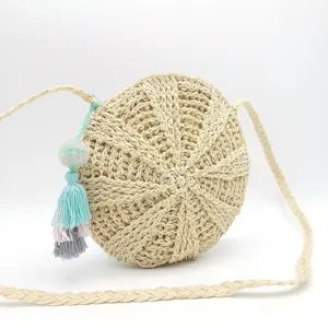 round crochet paper straw beach tote hand bag women basket handbags with pompoms and tassel