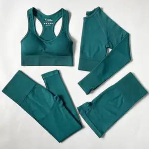 Women Yoga Suit Workout Sets 4 Piece Seamless Ribbed Crop Tank High Waist Biker Shorts Tummy Control Yoga Outfits