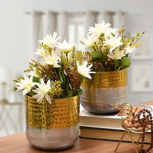 Pots de fleurs en métal martelé bicolore or et argent, jardinières rondes modernes, décoration d'intérieur pour bureau - Product Image 2