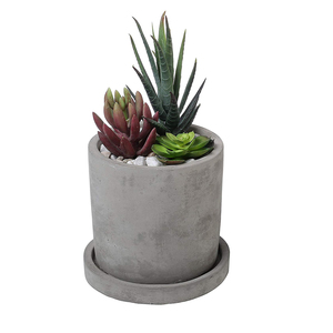 Rustic Cylinder <strong>Cement</strong> Planter Pot with Square Bamboo <strong>Tray</strong> - Product Image 6