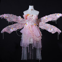 Costume de scène pour fées et anges, fait main, pour adultes, style kit, rose fleuri, court, en polyester
