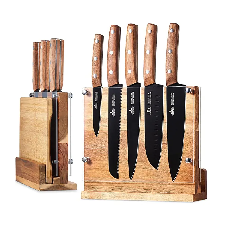 Magnetic Knife Block Double Sided Magnetic and Transparent Acrylic Protection Shield Natural Wooden Knife Holder Rack