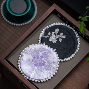 Sous-verre rond en tissu brocart à bordure perlée, isolant thermique, pour accessoire de cérémonie du thé - Product Image 2