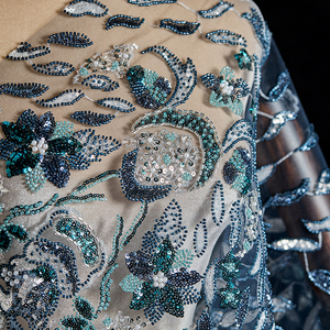 Grosir Pabrik kain bordir manik-manik renda Prancis kain renda Tulle mewah jala kain renda manik-manik biru tua - Product Image 3
