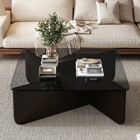 Table basse moderne en verre trempé avec structure en chêne massif, table à thé triangulaire irrégulière pour salon et appartement