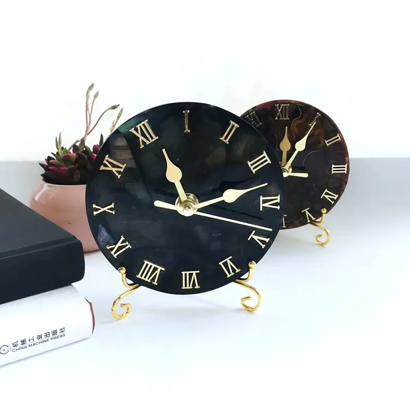 wholesale natural handmade labradorite carving stone slice round plate desk clock digital alarm clock