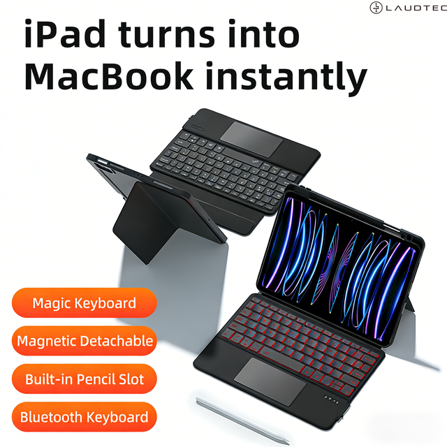 Magnetic Detachable Keyboard Case for iPad Pencil Holder Anti-Slip Design Multi-Angle Adjustable Stand 7-Color Backlit OEM/ODM/