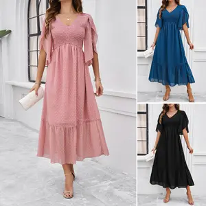 Wholesale Order Women's 2024 Spring/summer New Elegant Solid Color V-neck Dress