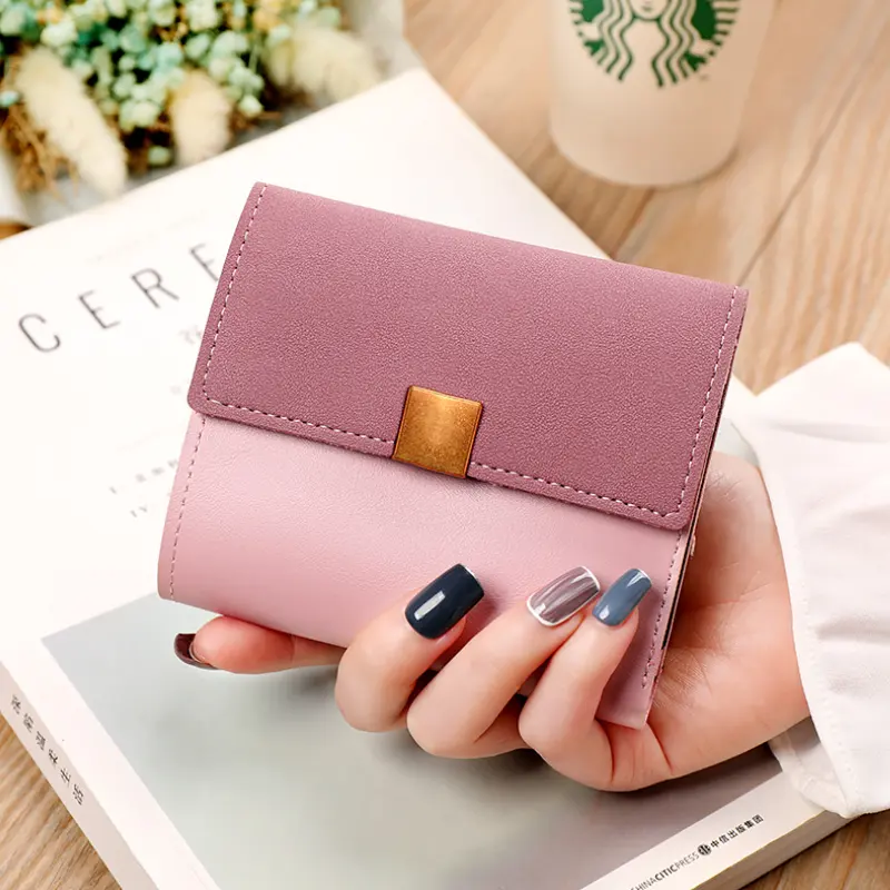 Carteira Curta das Mulheres All-Match Folding Mini Coin Purse PU Titular do cartão de couro Ladies Small Money Bag