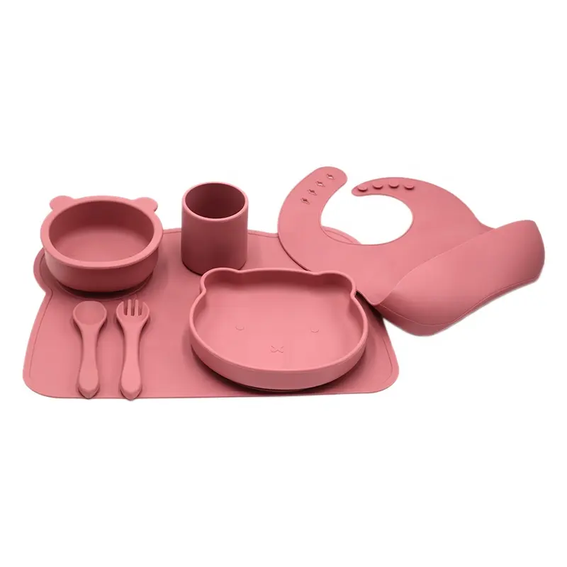 Food Grade Platinum Silicone Baby Feeding Products Set Feeding Supplies With Suction Base Baby Bibs Spoon Fork Divider Plate