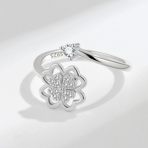 Anxiety <b>Spin</b> 4 Leaf Clover Open <b>Ring</b> Gold Plated Minimalist Insert Zircon Copper Fashion Jewelry For Women - Product Image 4