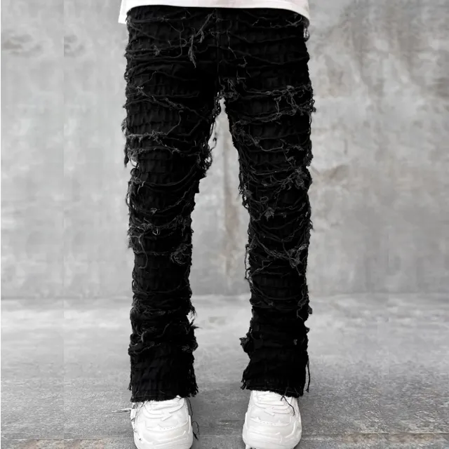 Custom Blank Streetwear Hip Hop Biker Distressed Denim Ripped Pants Stacked Jeans For Men