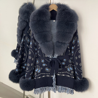 OFTBUY Veste Vintage Femme, Cardigan en Tricot Paisley avec Bordure en Véritable Fourrure de Renard, Manteau Pull Ceinturé, Vêtements de Luxe pour Femme, Vêtement d'Extérieur Féminin