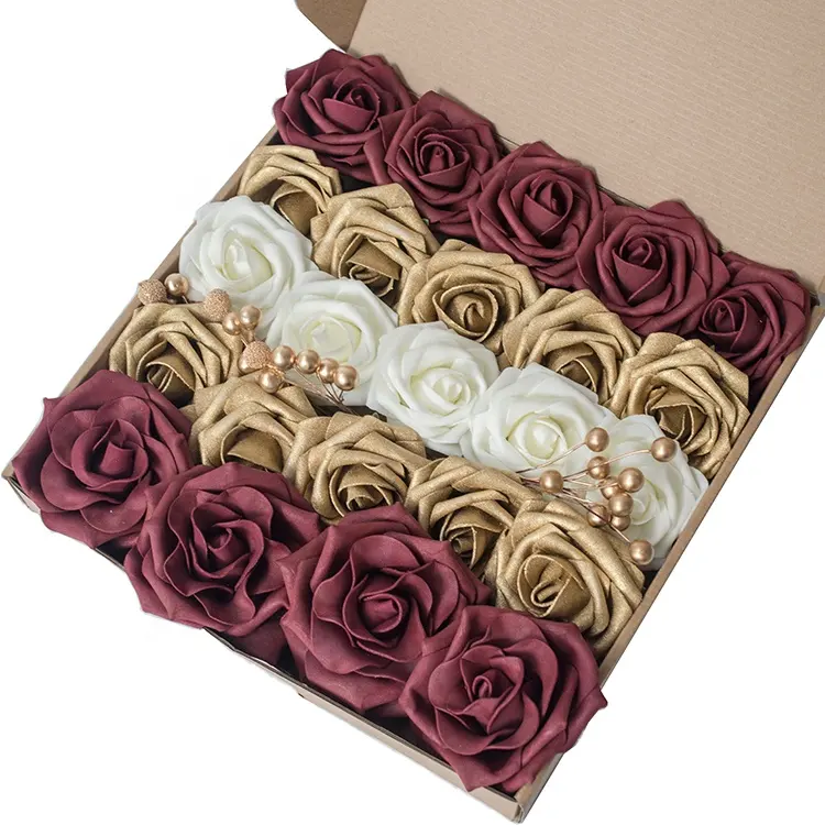 Großhandel 25 Stück Rose Blumen kuchen Bouquet Blume Weihnachten Gold Gold Roségold Blumen