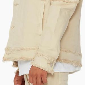 Chaqueta de Mezclilla Desgastada de Otoño, Estilo Urbano, Holgada, con Múltiples Bolsillos y Bordes Deshilachados, Color Beige, para Hombre, Fabricante de Chaquetas - Product Image 4