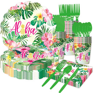 Ensemble de vaisselle pour fête hawaïenne, 60-80 pièces, décorations d'anniversaire, plastique, papier, respectueux de l'environnement, impression numérique ronde - Product Image 1