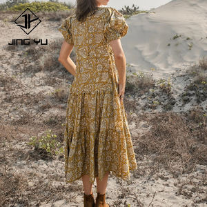 Designer beach-style printed V-neck <b>plus</b>-<b>size</b> women's <b>dresses</b>, luxurious 100% organic cotton midi <b>dress</b> - Product Image 3