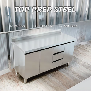 Table de travail en acier inoxydable poli certifiée ISO avec protection anti-éclaboussures, trois tiroirs et banc de rangement pour zone de restauration - Product Image 1