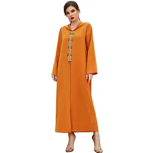 2024 New coming plain color orange red long style rhinestone button lace decoration front slit turkye dubai hoodies abaya