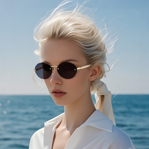 Nuevas gafas de sol sin montura de estilo europeo americano con adornos de perlas, protección UV400 para mujer, montura metálica, lentes negras - Product Image 5