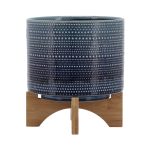 Vaso cilindrico in gres punteggiato con supporto in bambù per piante da interno ed esterno, vaso decorativo per fiori - Product Image 2