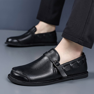 Men's Brown Leather Loafers Slip-On Casual <b>Driving</b> <b>Shoes</b> Flat Heel Solid Color Sewing Thread Detail - Product Image 4