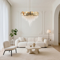 Lustre suspendu rond contemporain en cristal doré pour plafond haut